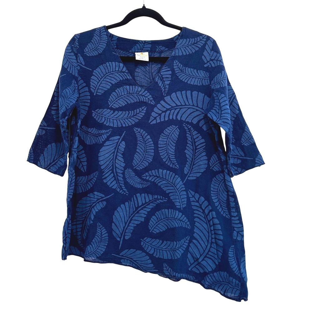 Sea Breeze Tunic Top Leaf Print Asymmetrical Hem 3/4 Sleeve S Vacation USA Beach